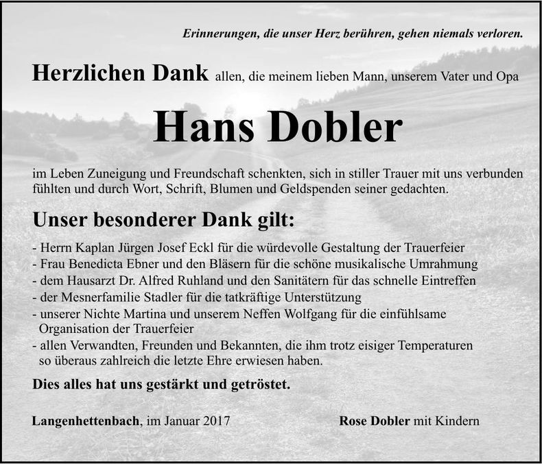 Traueranzeige Hans Dobler