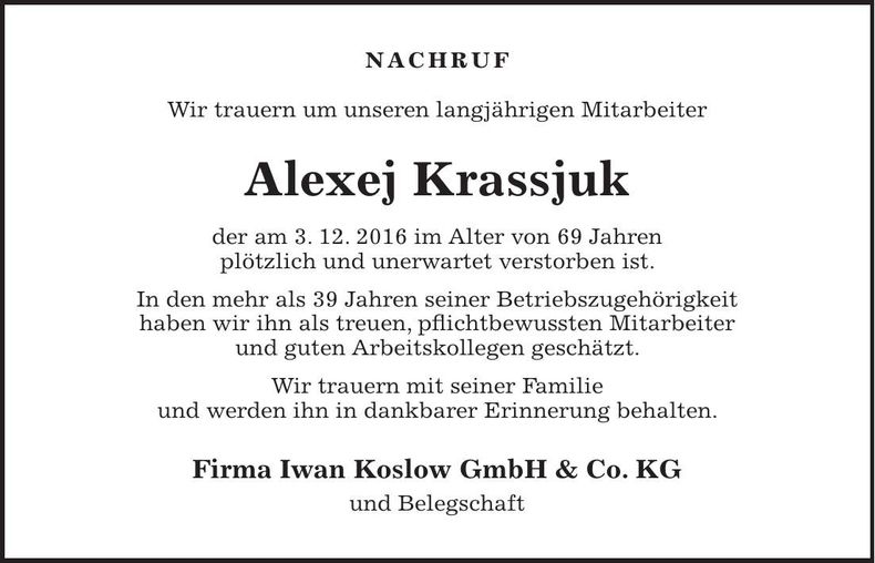 Traueranzeige Alexej Krassjuk