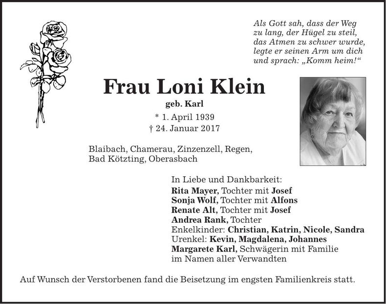 Traueranzeige Loni Klein
