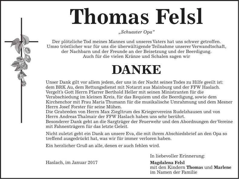 Traueranzeige Thomas Felsl