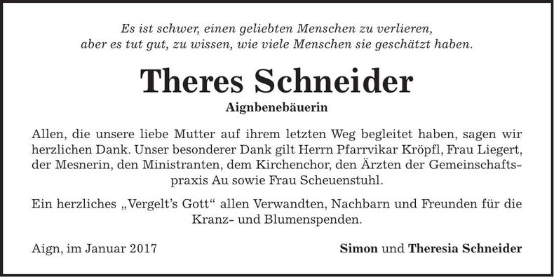 Traueranzeige Theres Schneider