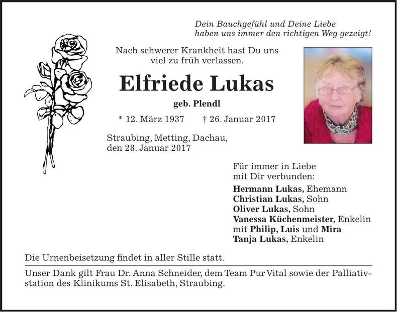 Traueranzeige Elfriede Lukas
