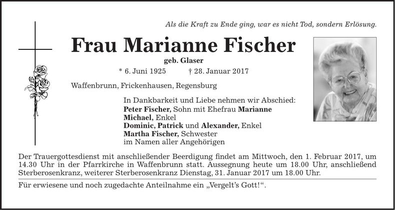 Traueranzeige Marianne Fischer