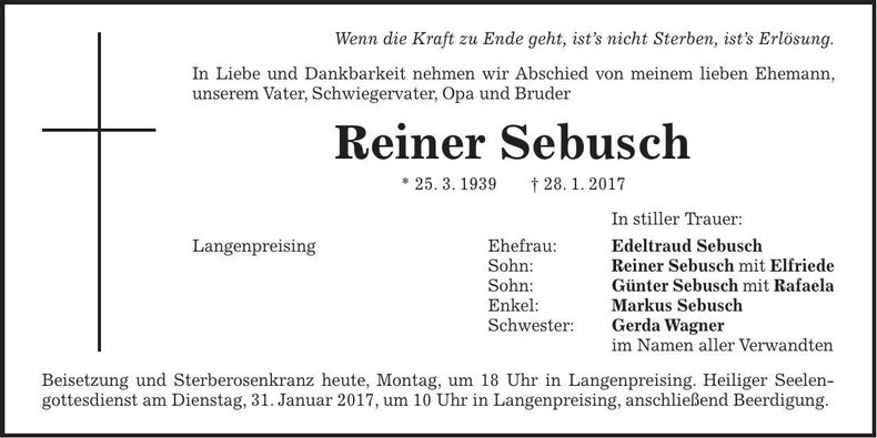 Traueranzeige Reiner Sebusch