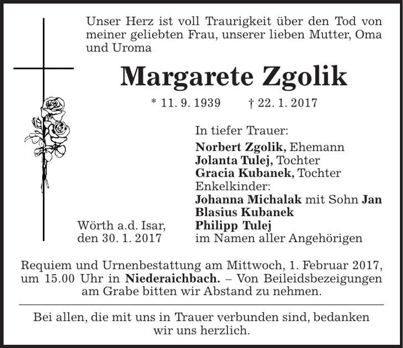 Traueranzeige Margarete Zgolik