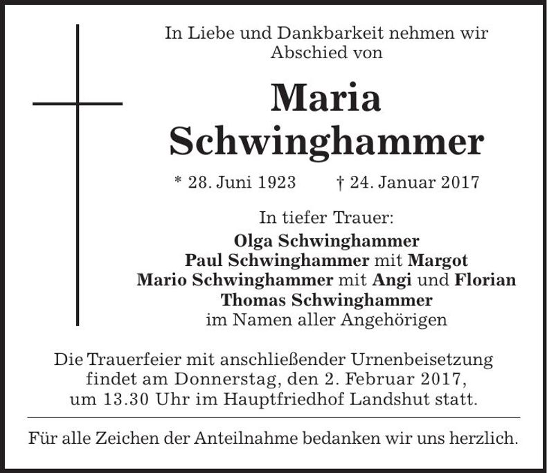 Traueranzeige Maria Schwinghammer