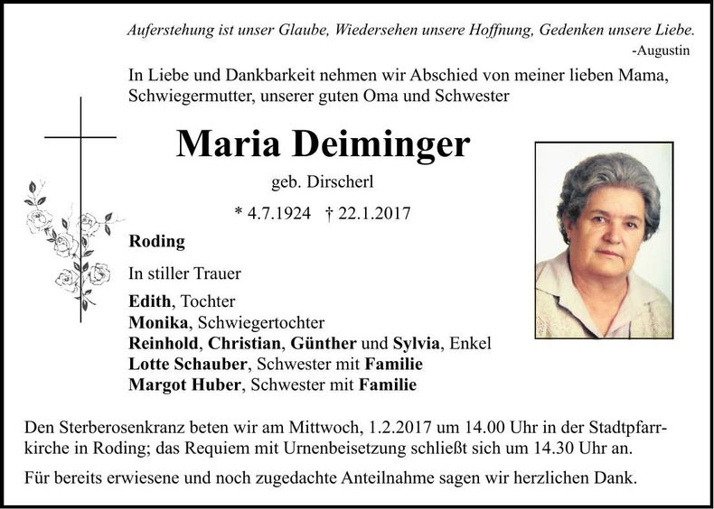 Traueranzeige Maria Deiminger