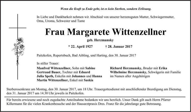 Traueranzeige Margarete Wittenzellner