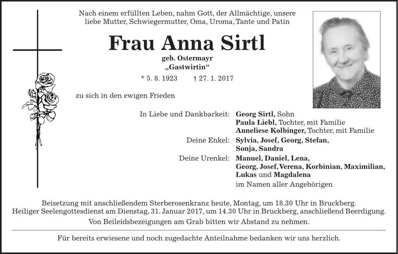 Traueranzeige Anna Sirtl