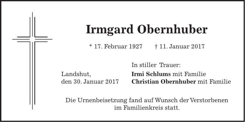 Traueranzeige Irmgard Obernhuber