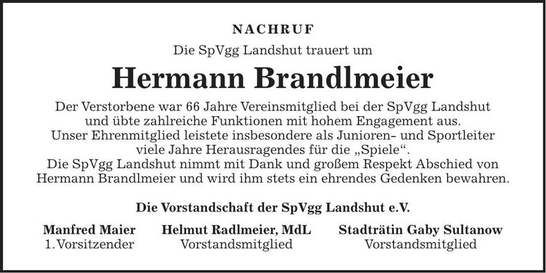 Traueranzeige Hermann Brandlmeier