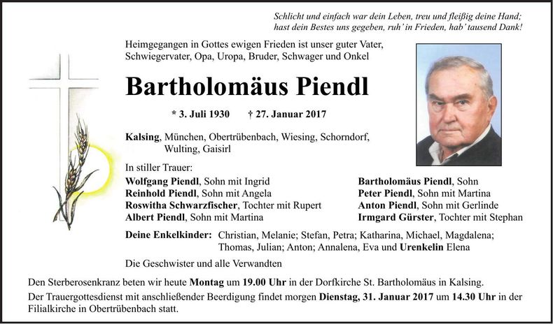 Traueranzeige Bartholomäus Piendl