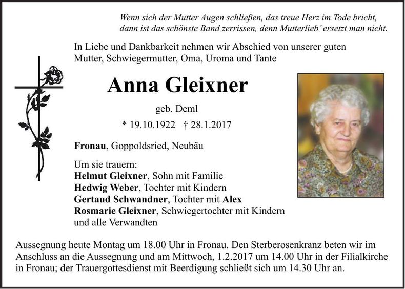 Traueranzeige Anna Gleixner