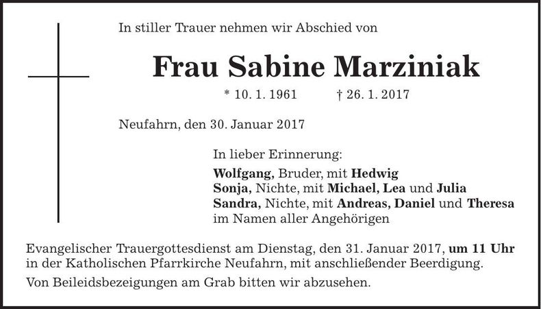 Traueranzeige Sabine Marziniak