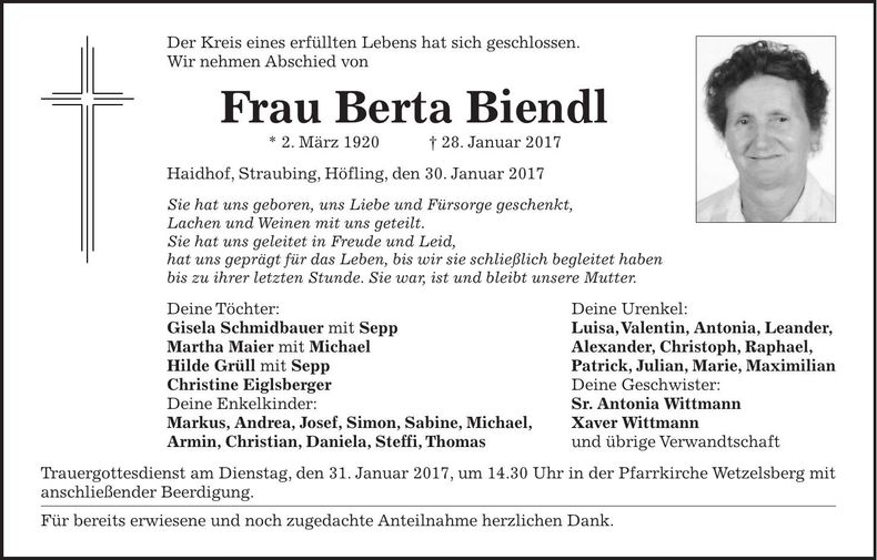Traueranzeige Berta Biendl