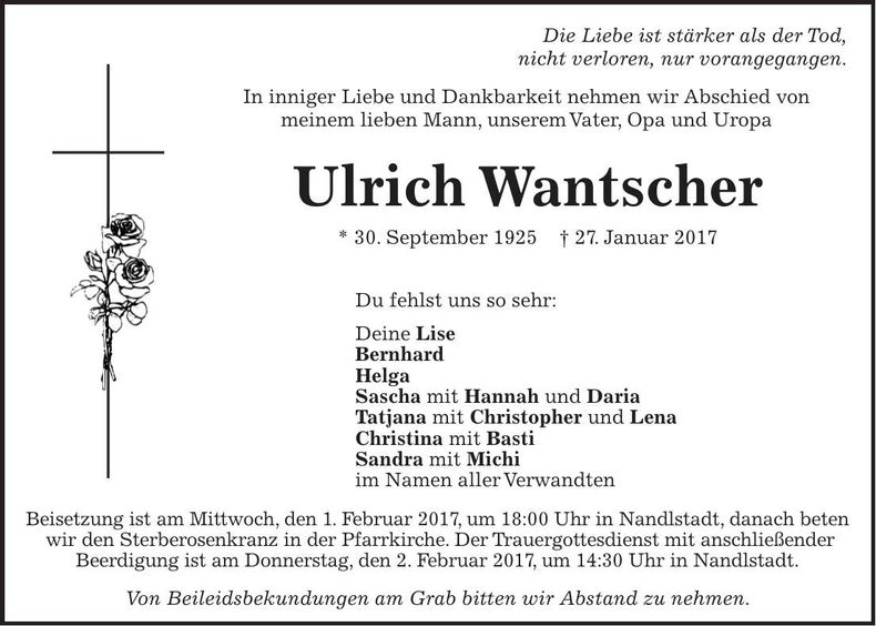 Traueranzeige Ulrich Wantscher
