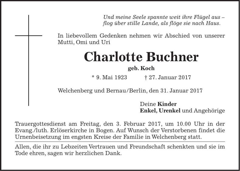 Traueranzeige Charlotte Buchner