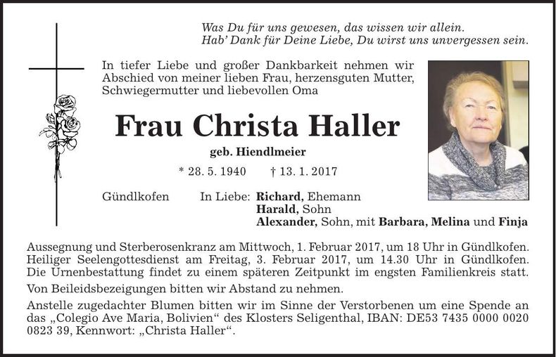 Traueranzeige Christa Haller