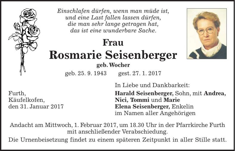 Traueranzeige Rosmarie Seisenberger