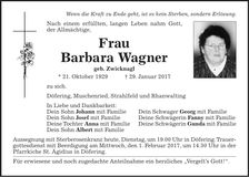 Traueranzeige Barbara Wagner