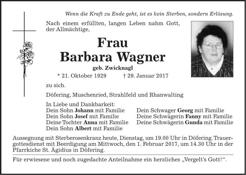 Traueranzeige Barbara Wagner