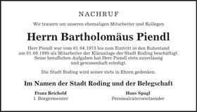Traueranzeige Bartholomäus Piendl