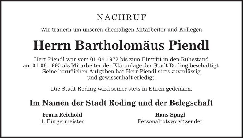 Traueranzeige Bartholomäus Piendl