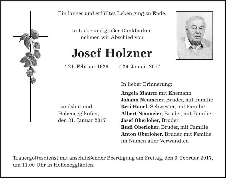 Traueranzeige Josef Holzner