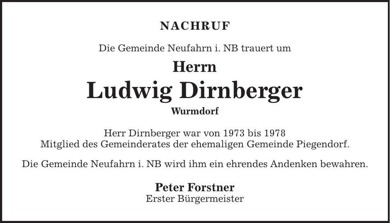 Traueranzeige Ludwig Dirnberger