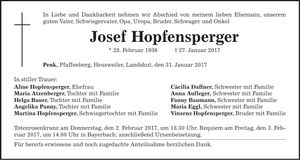 Traueranzeige Josef Hopfensperger