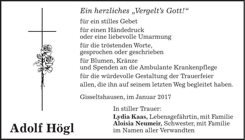 Traueranzeige Adolf Högl