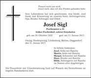 Traueranzeige Josef Sigl