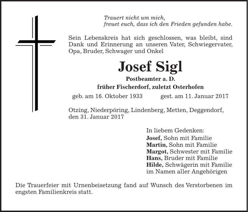 Traueranzeige Josef Sigl