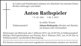 Traueranzeige Anton Rathspieler