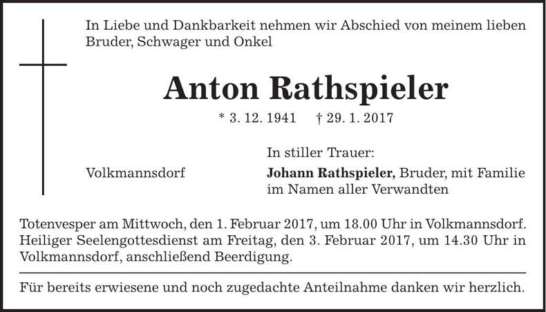 Traueranzeige Anton Rathspieler