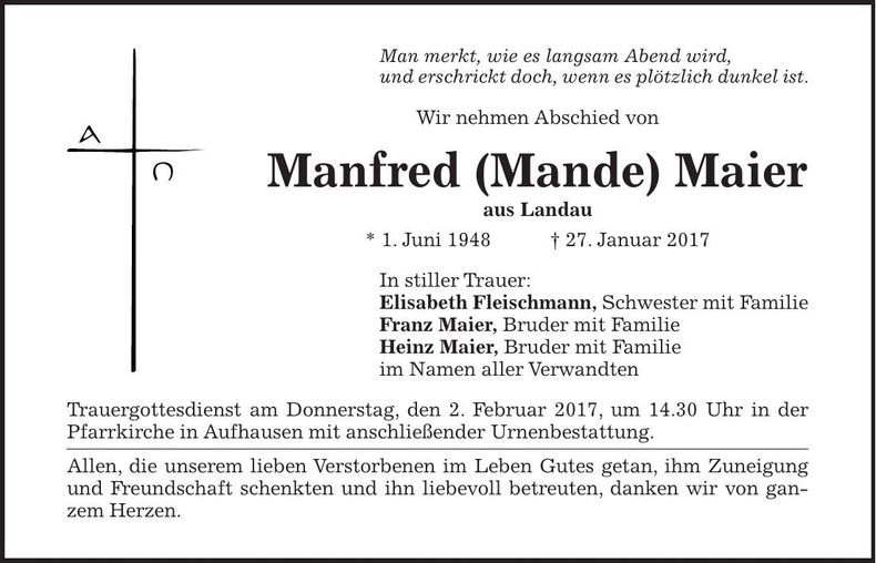 Traueranzeige Manfred Maier