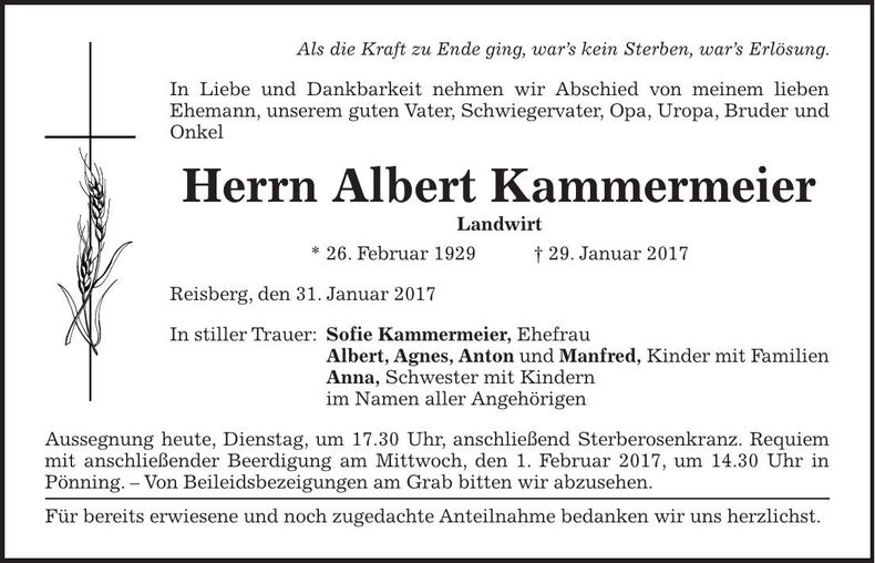 Traueranzeige Albert Kammermeier
