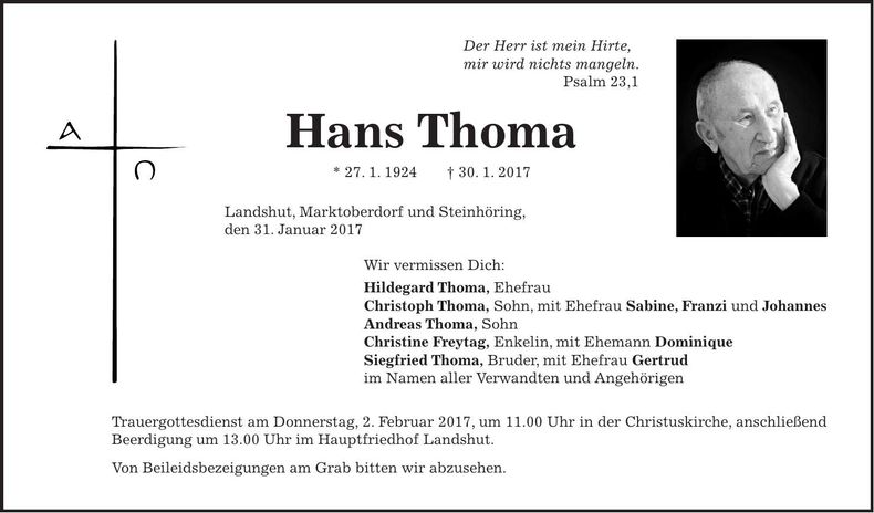 Traueranzeige Hans Thoma