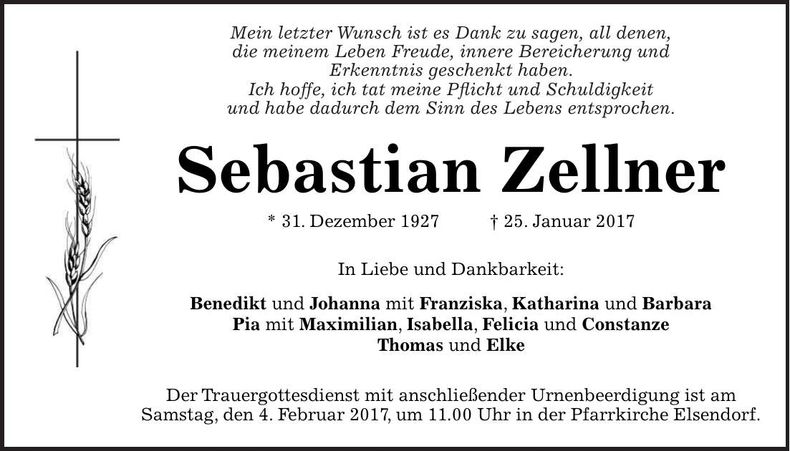 Traueranzeige Zellner Sebastian