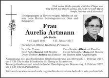Traueranzeige Aurelia Artmann