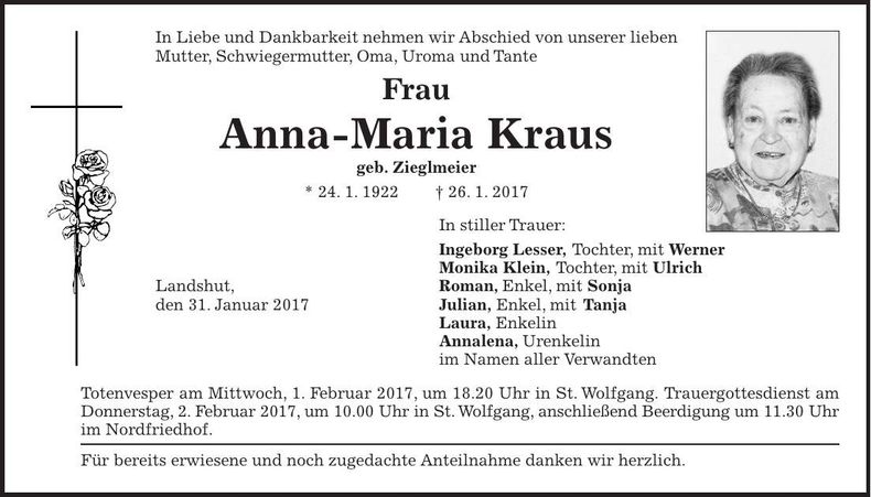 Traueranzeige Anna-Maria Kraus