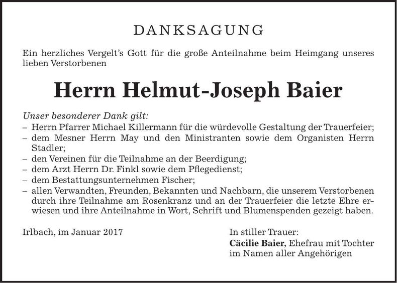Traueranzeige Helmut Josef Baier