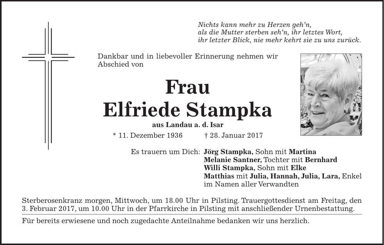Traueranzeige Elfriede Stampka
