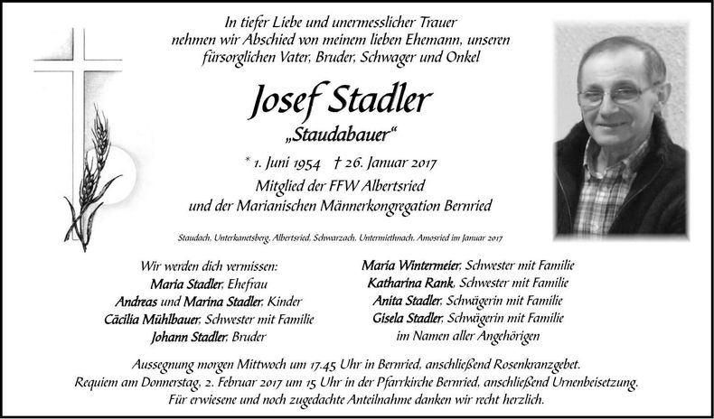 Traueranzeige Josef Stadler
