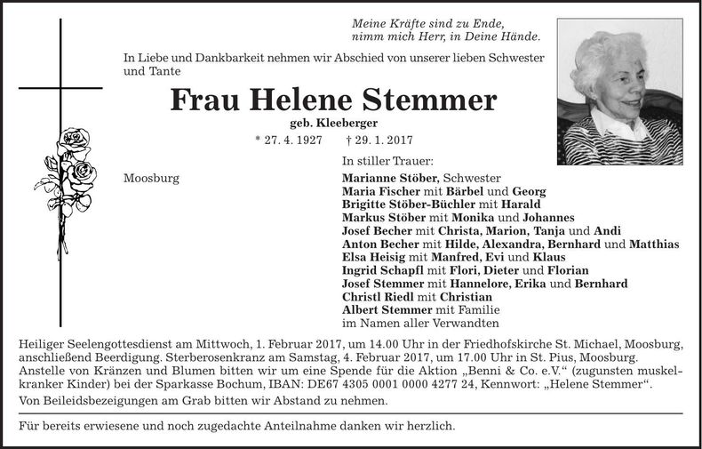 Traueranzeige Helene Stemmer