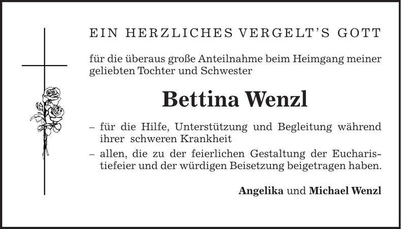 Traueranzeige Bettina Wenzl
