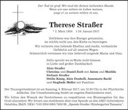 Traueranzeige Therese Straßer