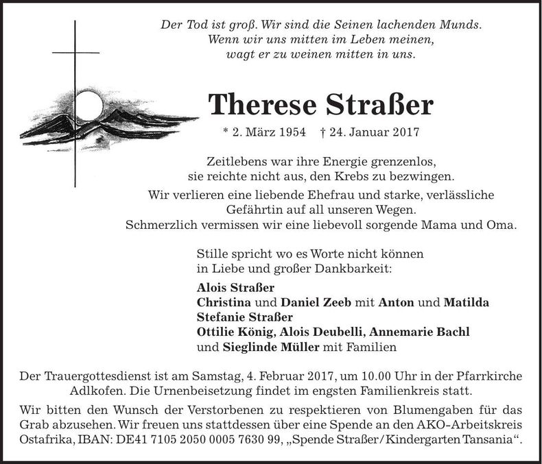 Traueranzeige Therese Straßer