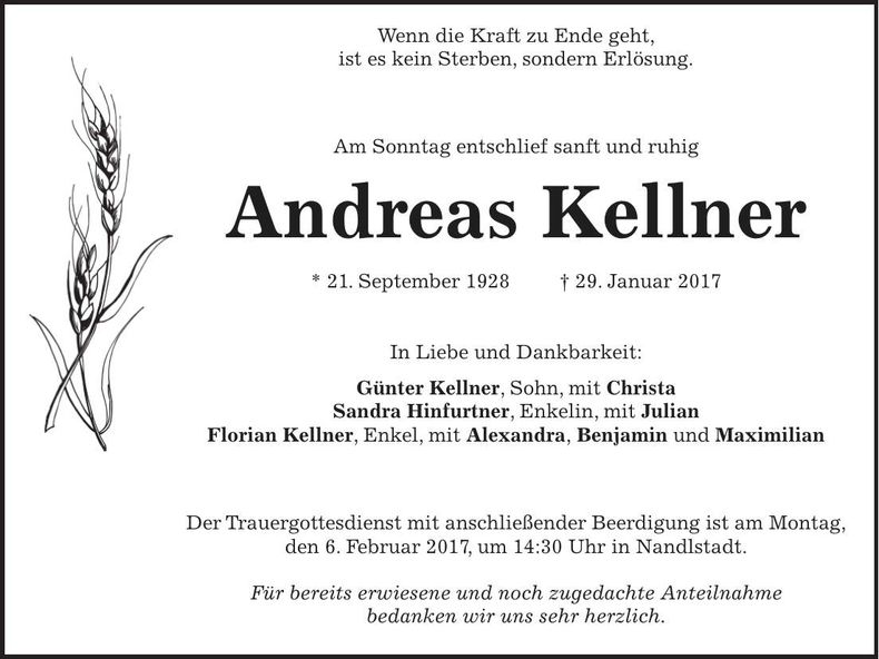 Traueranzeige Andreas Kellner