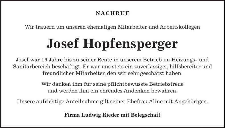 Traueranzeige Josef Hopfensperger